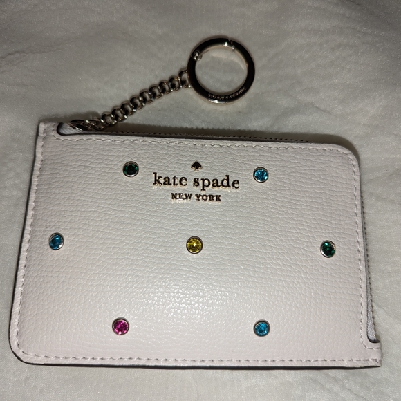Kate Spade Darcy Rhinestone Card Holder Leather L-Zip Key Chain Cream EUC - Picture 1 of 3